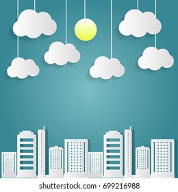 sun,cloud landscape background , paper art style vector illustration.