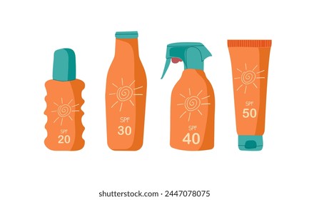 Sonnencreme-Vektorgrafik. Illustration von Sonnenschutzcreme Tube und Spray . Sunblock isoliertes Symbol auf weiß, orange und blau Farbe .