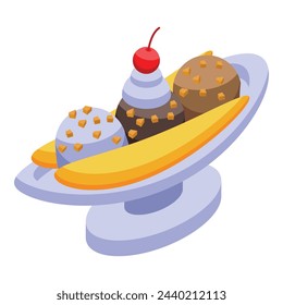 Sundae banana split icon isometric vector. Cherry cream. Food dessert