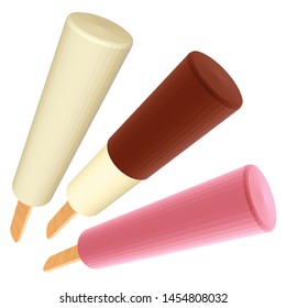 Sundae Chocolate and Strawberry Popsicles in Perspective Isolated on White. White Brown and Pink Ice Creams on Wooden Sticks. Low Poly Realistic Vector Illustration.