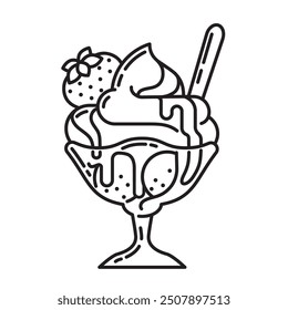 Icono de línea de Vector de tazón de vidrio de postre de helado para el Día del Sundae de Fresa el 7 de julio