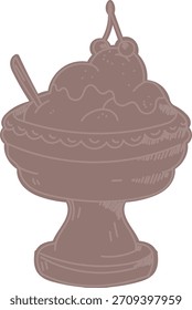 Sundae en un plato con patas con cucharas, cerezas y cuchara, delineado para eclosionar. Tazón de postre con montículos cremosos, cerezas gemelas y utensilios, línea grabada. Ilustración vectorial de dibujos animados