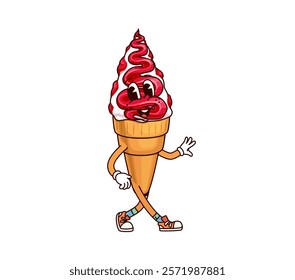 Sundae and gelato ice cream groovy character. Gelato dairy food funny cartoon personage, parlor happy 60s 70s hippie vector mascot. Ice cream frozen dessert with topping isolated groovy character