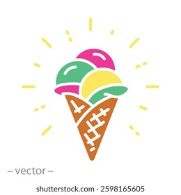 sundae gelato, icecream icon, cone waffle vanilla ice cream, flat vector illustration