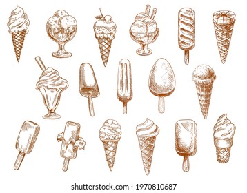 Sundae, gelato and sorbet popsicle ice cream sketch set. Ice cream in waffle cone, sundae balls in glass bowl and frozen juice on wooden stick isolated engraved vector. Gelateria or cafe desserts