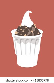 Sundae ice cream with chocolate sauce and peanuts. Vector illustration.