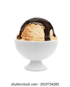 Sundae Ice Cream Dish With Chocolate And Whipped Cream. Parlour Vanilla Dessert In Ceramic Bowl, 3d Realistic Vector Italian Gelato Ice Cream Ball Poured With Cocoa Topping Or Chocolate Drip