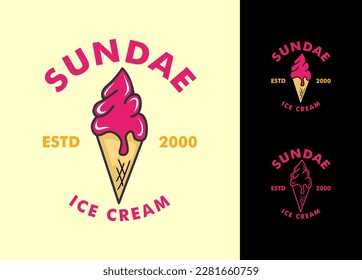 sundae ice cream logo vintage retro sign with ice cream cone sundae icon, suitable for logos of ice cream restaurant, cafe, street food isolated on black background, dark, simple minimalist colored