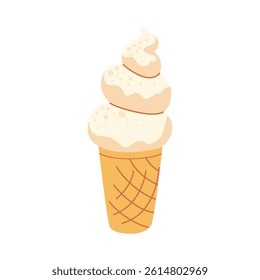 Sundae ice cream on waffle cup. Vanile desserts, sweet gelato, summer food. Flat cartoon vector illustration isolated on white background.