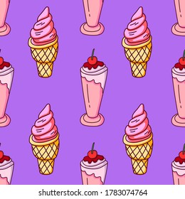 Sundae Ice Cream Pattern, Pink Ice Cream Illustration, Vector EPS 10.