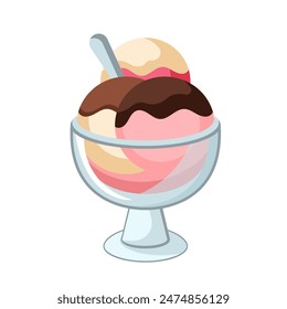 Sundae ice cream with sauce, wafer and strawberry in cup