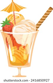 Helado de sundae con colmenillas de fresa y wafer. Delicioso postre en vaso de vidrio con fruta y paraguas. Dulce verano trata la ilustración vectorial.