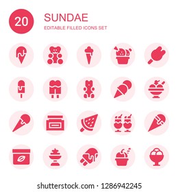 sundae icon set. Collection of 20 filled sundae icons included Ice cream, Gummy bear, Cream