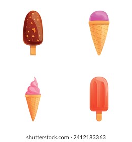 Sundae Icons setzen Cartoon-Vektorgrafik. Verschiedenes mehrfarbiges Eis. Sommerküche, Nachtisch