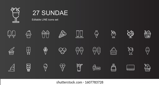 sundae icons set. Collection of sundae with ice cream, ice cream cone, cream, sorbet. Editable and scalable sundae icons.