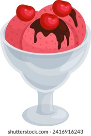 Sundae with pink ice cream, chocolate syrup, cherries in glass bowl. Delicious dessert, sweet treat vector illustration.