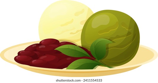 Concepto de ícono de sorbete de sundae, menta verde y helado de vainilla con placa de alubias rojas ilustración vectorial, aislado en blanco. Delicioso tentempié de leche dulce fría y postre lácteo.