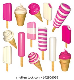 Sundae and Strawberry Ice Creams Collection. Set of Ice Creams and Popsicles Isolated on White. Popsicles Cones and Cups in Pink and White. Low Poly Vector Illustration.