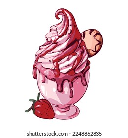 Sundae with strawberry syrup. Ice cream. vector.