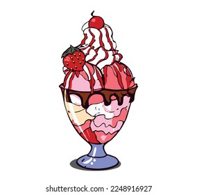 Sundae with strawberry syrup. Ice cream. vector.