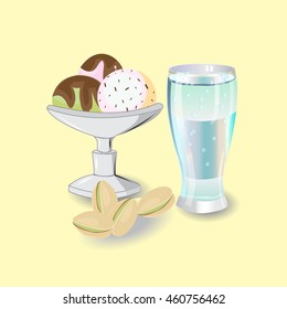 sundae with three scoops of ice cream, berries, pistachio and cream with chocolate chips and chocolate syrup, a glass of cold sparkling water, vector illustration