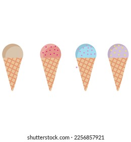 Набор вкусного мороженого. Сладкое летнее лакомство sundaes, джелато с разными вкусами, сборные изолированные рожки мороженого и эскимо с разными начинками. Векторная иллюстрация для веб, дизайна, печ