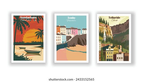 Parque Nacional Sundarbans, India. Telluride, Colorado. Tenby, Pembrokeshire - Juego de 3 Carteles de Viaje Vintage. Ilustración vectorial. Impresiones de alta calidad