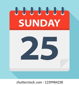 Sunday 25 - Calendar Icon. Vector illustration of week day paper leaf.