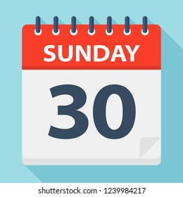 Sunday 30 - Calendar Icon. Vector illustration of week day paper leaf.