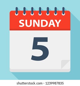 Sunday 5 - Calendar Icon. Vector illustration of week day paper leaf.