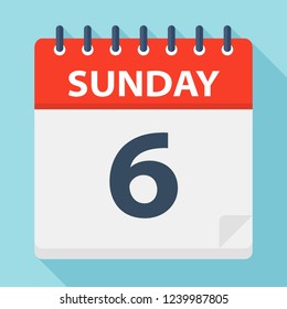 Sunday 6 - Calendar Icon. Vector illustration of week day paper leaf.