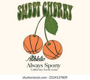 Sunday basketball club vector t-shirt design. Love you cherry much. Cherry fruit print. Nature fruit  print design. Basketball college league. Vintage artwork for sportswear. Cherry fruit. Sport logo.