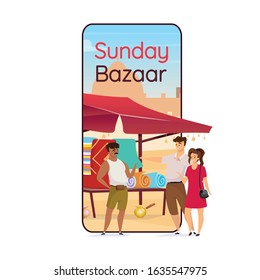 Sunday bazaar cartoon smartphone vector app screen. Arabic souk. Egyptian souvenirs for tourist. Mobile phone display with flat character design mockup. Flea market application telephone interface