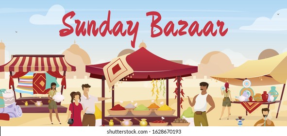 Sunday bazaar flat color vector illustration. African marketplace, asian souk, flea market with tourists and sellers faceless cartoon characters with trade tents and lettering on background
