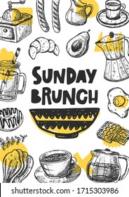 Sunday brunch hand drawn illustration with typography. Grunge style pan with vaffles, egg, coffee, croissant, donut. Colored lettering card. Cafe, restaurant menu poster design element. 