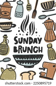 Sunday brunch hand drawn illustration with typography. Hand painted decorative ceramic bowl. Colored lettering card. Cafe, restaurant menu poster design element. 