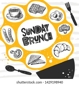 Sunday brunch. Hand drawn lettering card. Quote sketch typography. Vector inscription slogan. Menu, restaurant, cafe, bar. Poster, banner, placard.