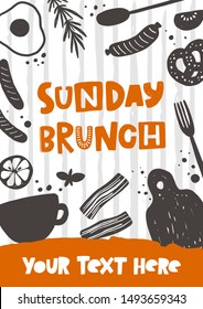 Sunday brunch vector hand drawn banner template. Food invitation card with stylized lettering and ink drops. Restaurant menu, poster with text space