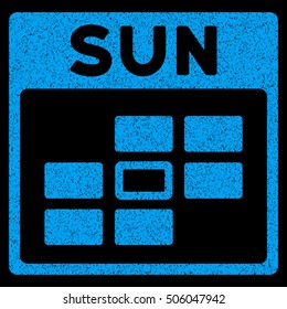 Sunday Calendar Grid grainy textured icon for overlay watermark stamps. Flat symbol with dust texture. Dotted vector blue ink rubber seal stamp with grunge design on a black background.
