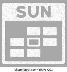 Sunday Calendar Grid grainy textured icon for overlay watermark stamps. Flat symbol with unclean texture. Dotted vector white ink rubber seal stamp with grunge design on a silver background.