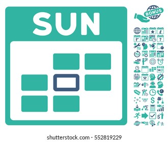 Sunday Calendar Grid icon with bonus calendar and time management graphic icons. Vector illustration style is flat iconic symbols, cobalt and cyan, white background.
