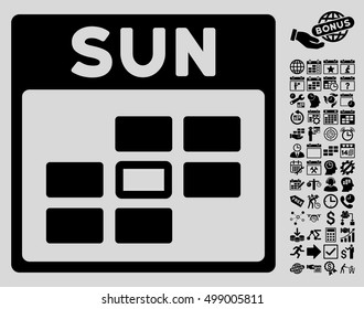 Sunday Calendar Grid pictograph with bonus calendar and time management symbols. Vector illustration style is flat iconic symbols, black, light gray background.