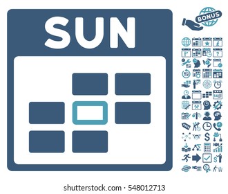 Sunday Calendar Grid pictograph with bonus calendar and time management pictures. Vector illustration style is flat iconic symbols, cyan and blue, white background.
