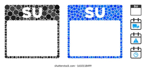 Sunday calendar page composition of small circles in various sizes and shades, based on Sunday calendar page icon. Vector small circles are grouped into blue mosaic.