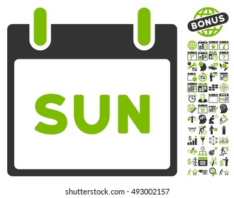 Sunday Calendar Page icon with bonus calendar and time management images. Vector illustration style is flat iconic bicolor symbols, eco green and gray colors, white background.