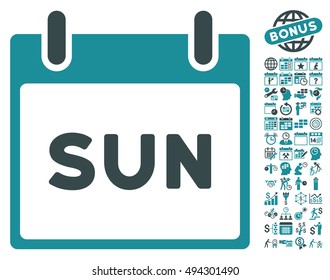 Sunday Calendar Page icon with bonus calendar and time management images. Vector illustration style is flat iconic bicolor symbols, soft blue colors, white background.