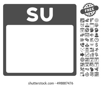 Sunday Calendar Page icon with bonus calendar and time management images. Vector illustration style is flat iconic symbols, gray, white background.