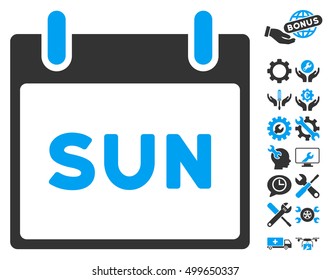 Sunday Calendar Page icon with bonus configuration pictograph collection. Vector illustration style is flat iconic symbols, blue and gray, white background.