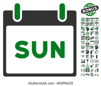 Sunday Calendar Page pictograph with bonus calendar and time management pictograph collection. Vector illustration style is flat iconic bicolor symbols, green and gray colors, white background.