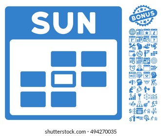 Sunday Calendar Page pictograph with bonus calendar and time management pictogram. Vector illustration style is flat iconic symbols, cobalt color, white background.